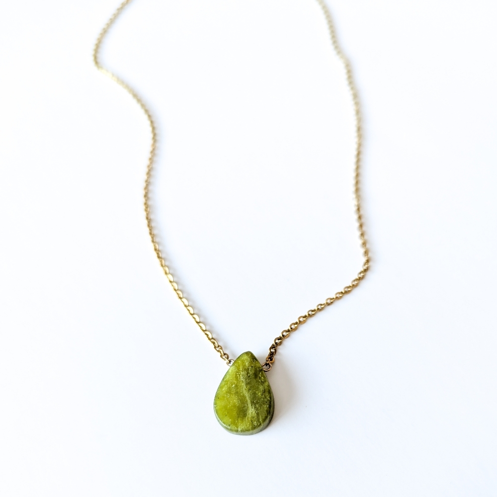 Olive Jade Choker Necklace - Green Teardrop Stone with Gold Plated Chain